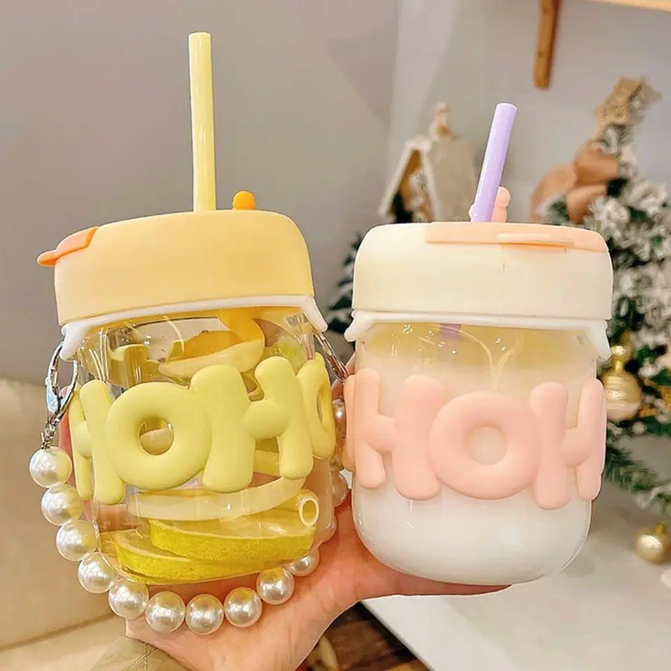 Pearl Chain Glass Cup Female High Beauty Household Water Cup Portable Breakfast Milk Cup Cute Glass Straw Double Drinking Coffee Cup Best For Gift - Vibe Pk